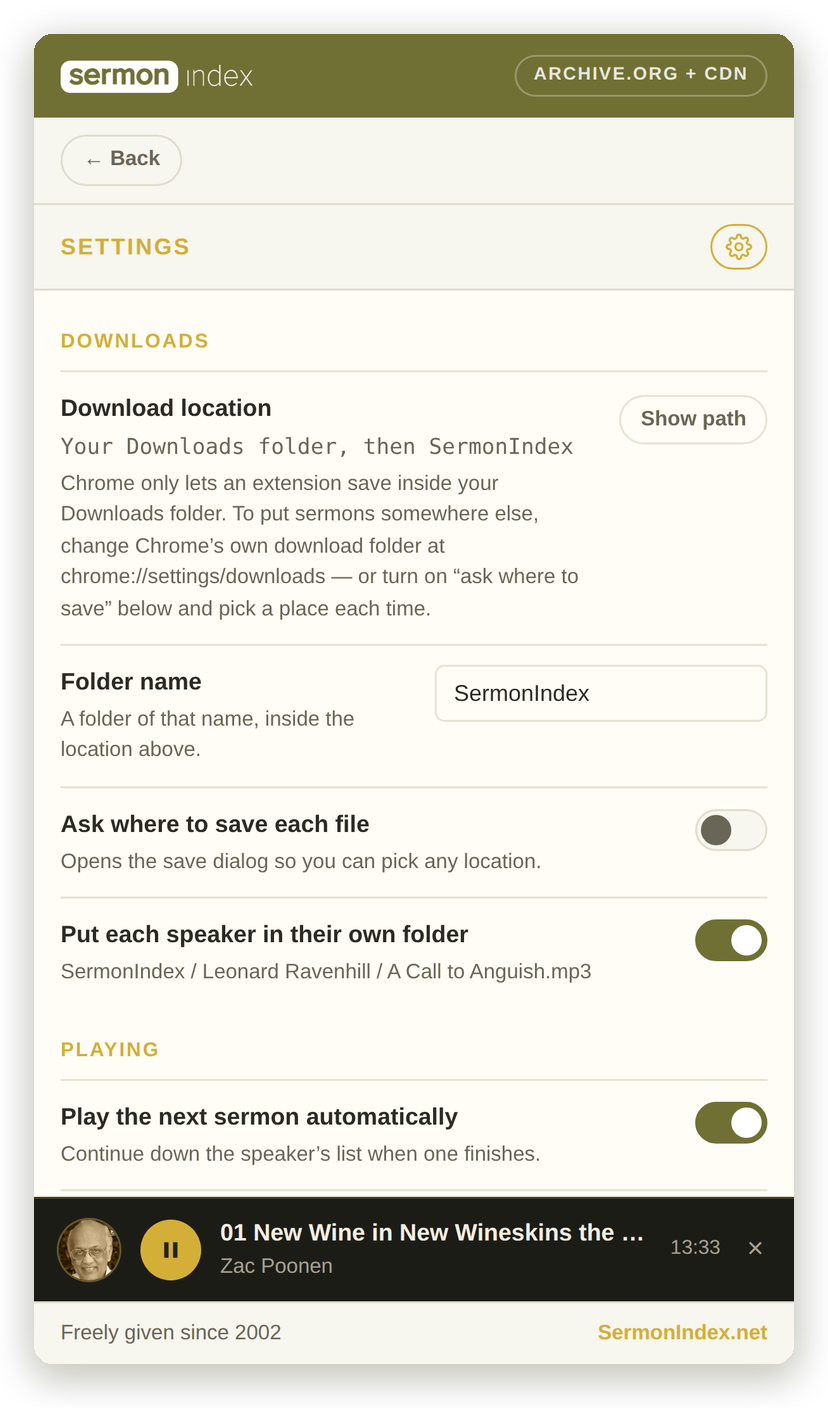 The settings page
