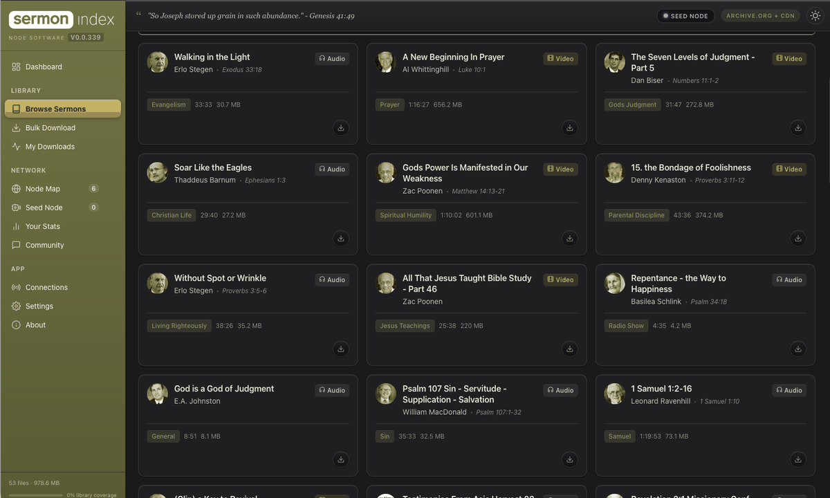 SermonIndex Node Software in dark mode — the Sermon Library