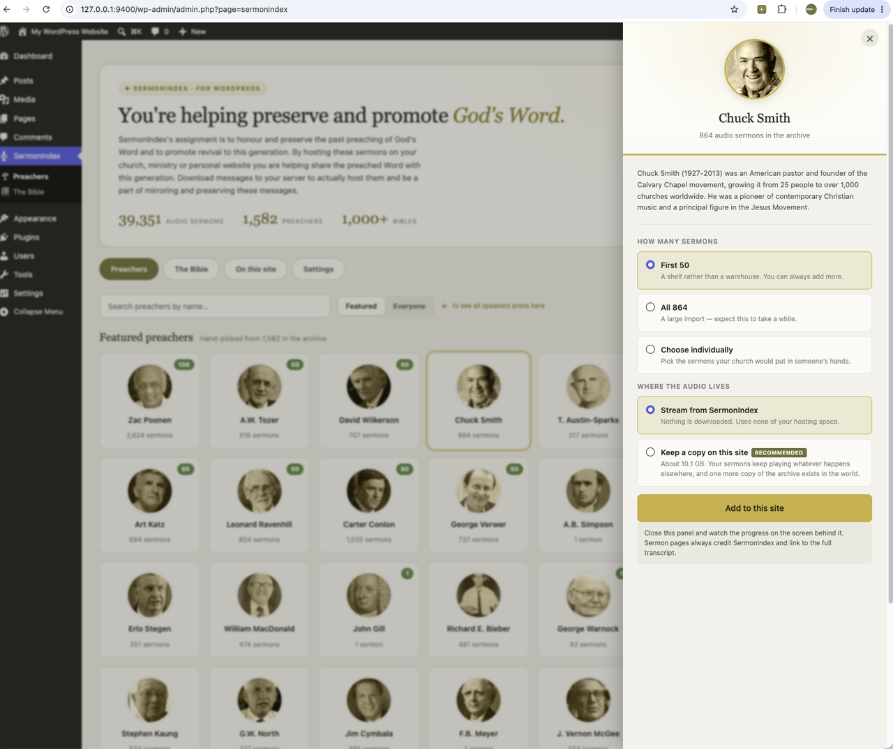 Choosing a preacher in the WordPress admin