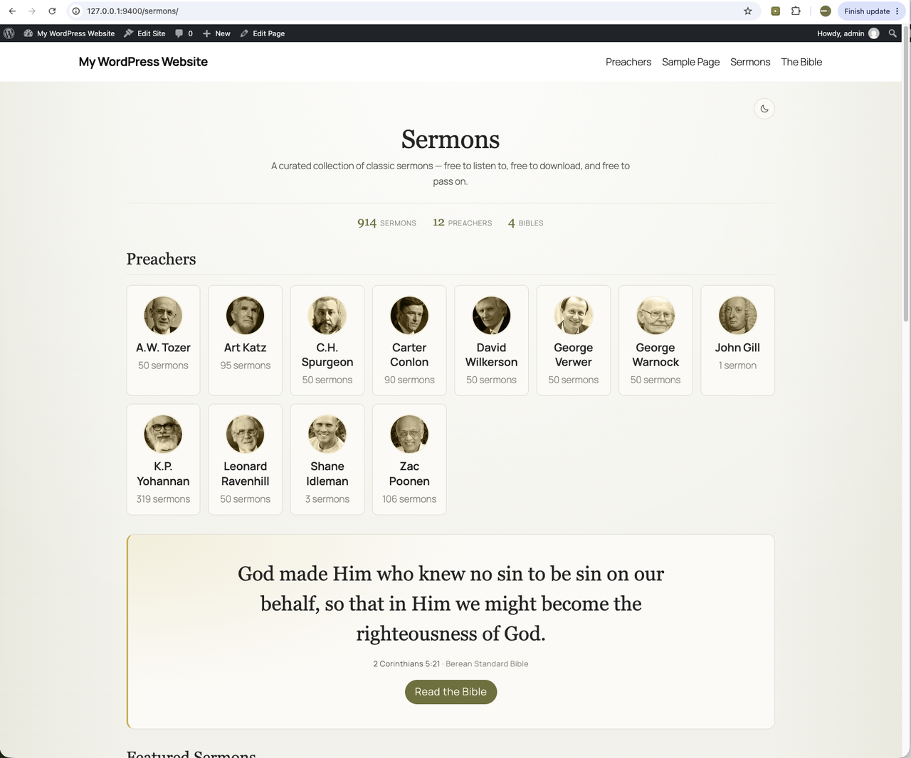 A sermons page on a church website